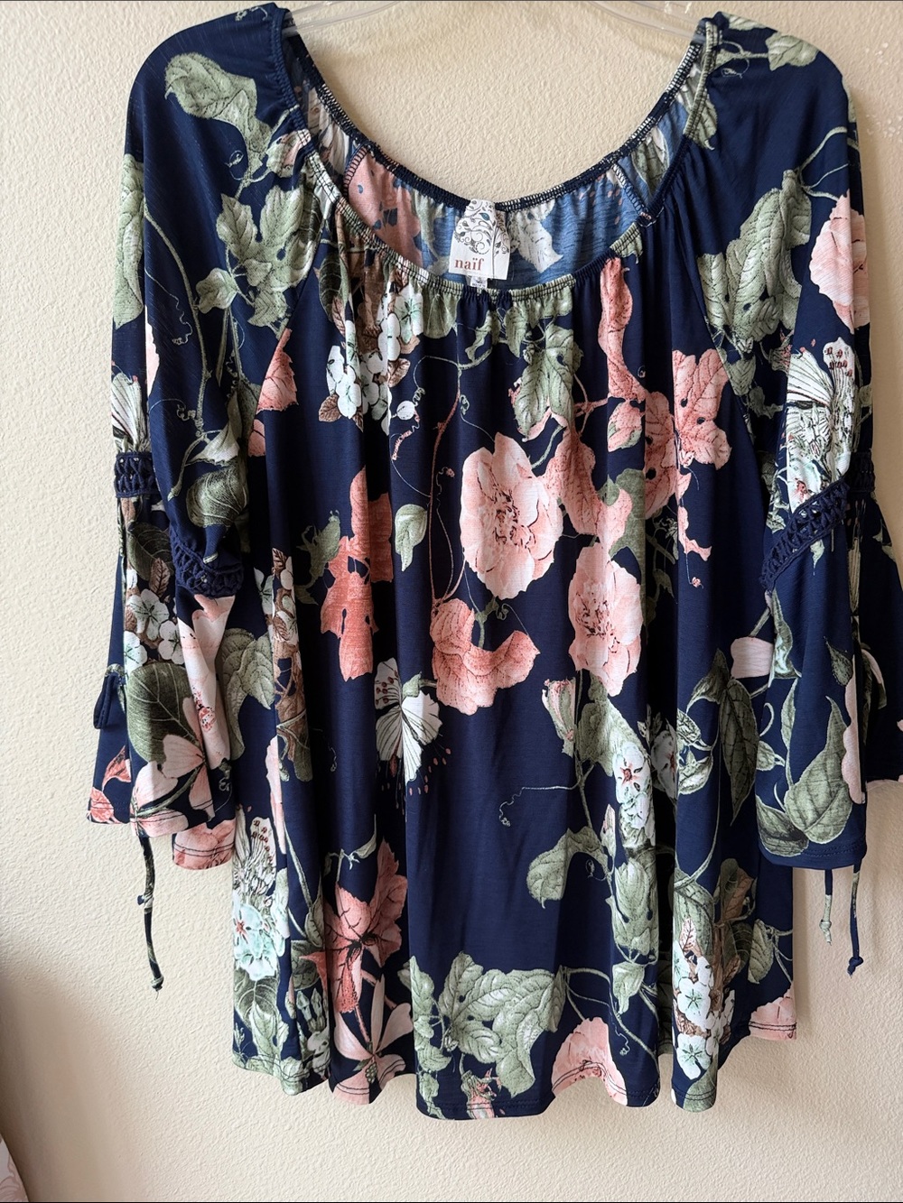 NAIF Navy Floral Peasant Tunic with Pink and Green Blooms